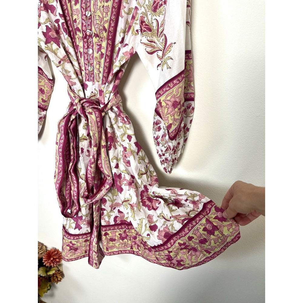 SUE SARTOR Anthropologie Long-Sleeve Flounce Dress Pink Peridot Dahlia Floral L - Picture 12 of 16